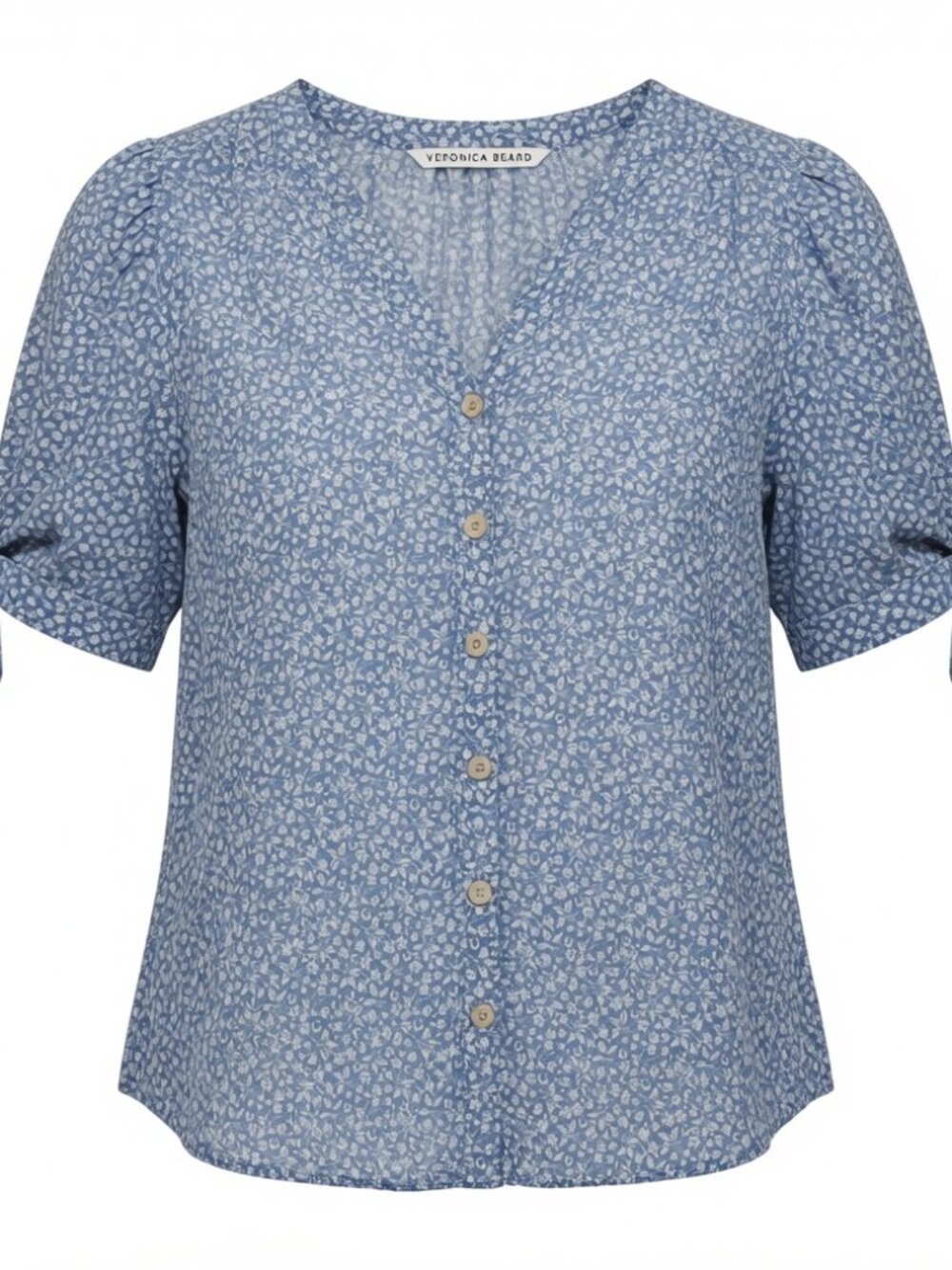 Veronica Beard Sz 18 Gizela Silk Blouse Blue Floral Print Button Puff Sleeve EUC